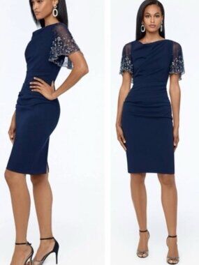 Betsy & Adam Rouched Crepe Sheath Dress Beaded Flutter Sleeve Size 8 New Navy